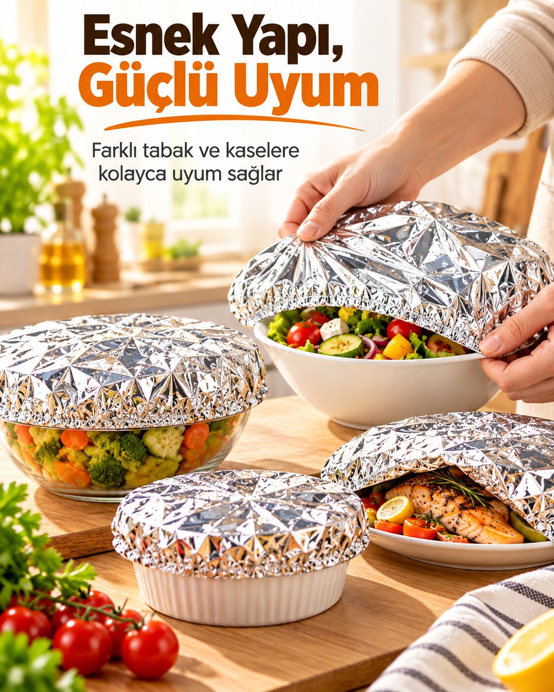 Esnek folyo kapak farklı kaselere uyum sağlıyor