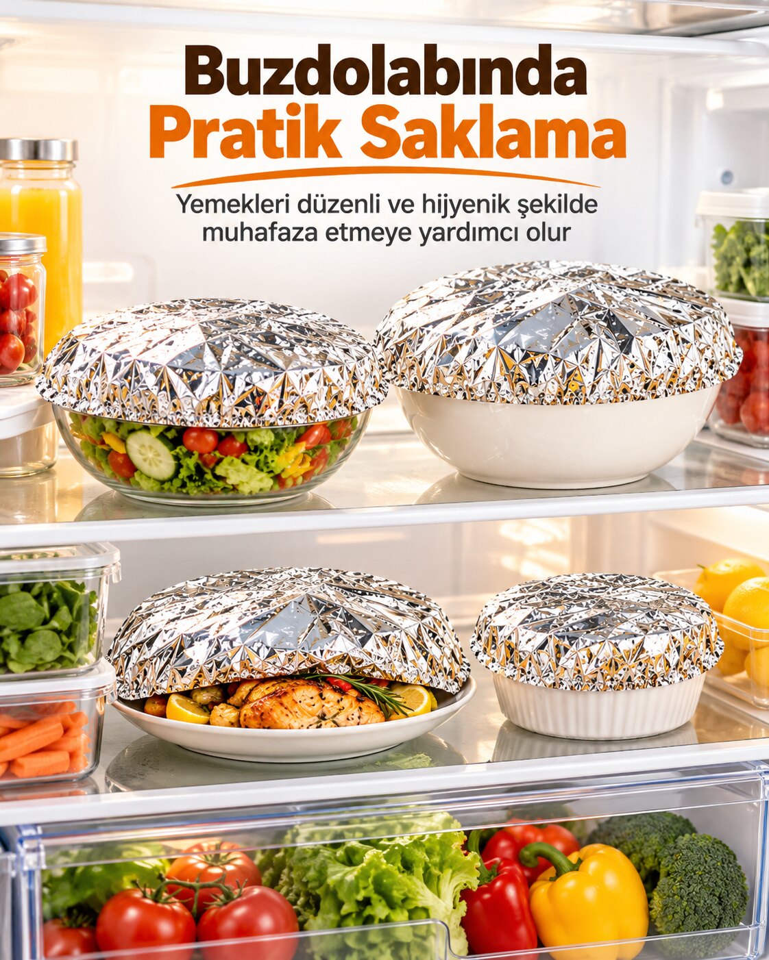 Buzdolabında folyo kapakla saklanan yemekler