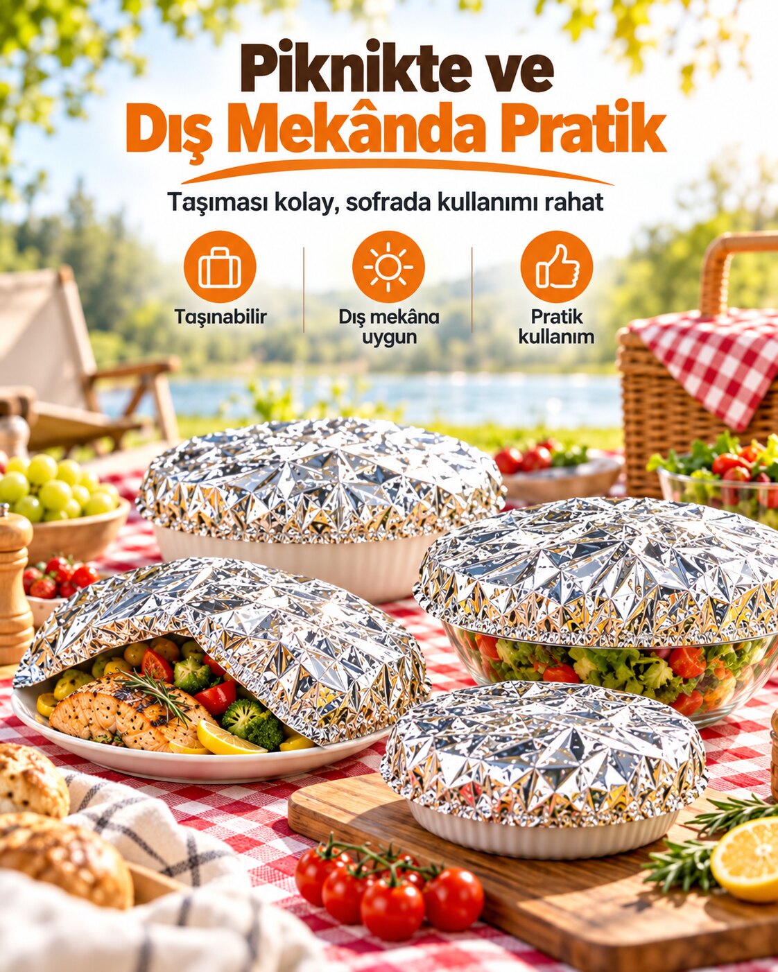 Piknik sofrasında folyo kapaklı yemekler