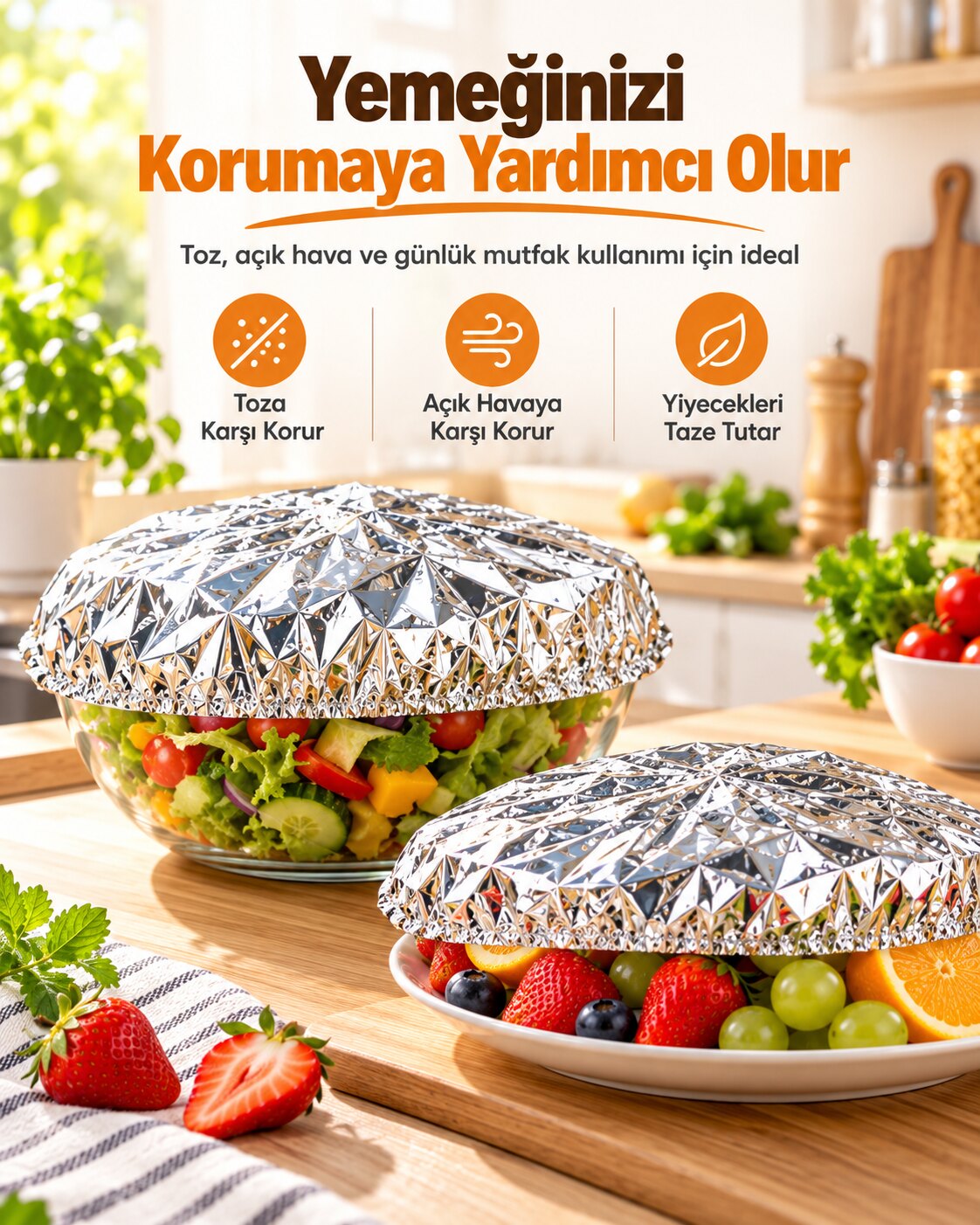 Toza ve açık havaya karşı yemeği koruyan folyo kapaklar