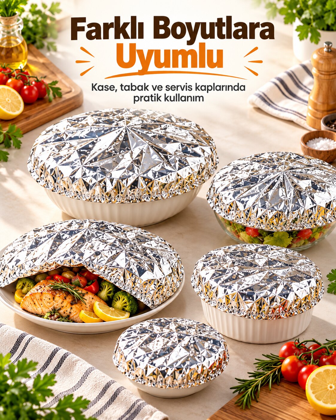 Farklı boyutlardaki kaselerde folyo kapak